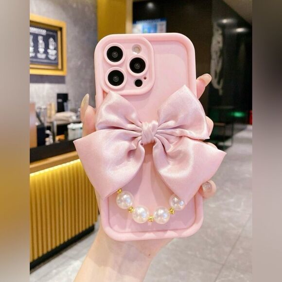 Accessories - Pink Bow iPhone 16 Pro Max Case with Pearl.